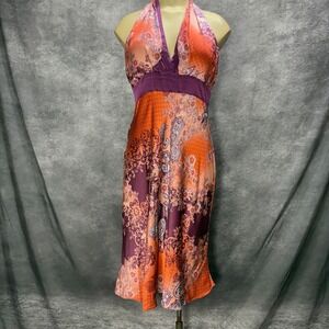 Y2K Muse Babydoll Halter Dress Sz 8 100% Silk Orange Purple Fairy Paisley Scarf